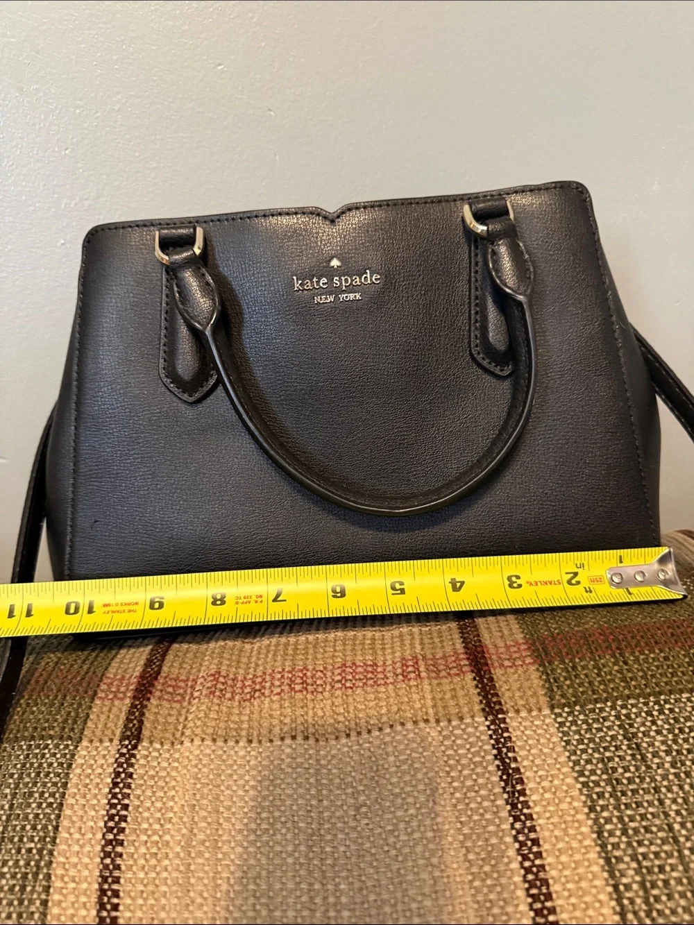 kate spade black Saffiano leather satchel with gold logo